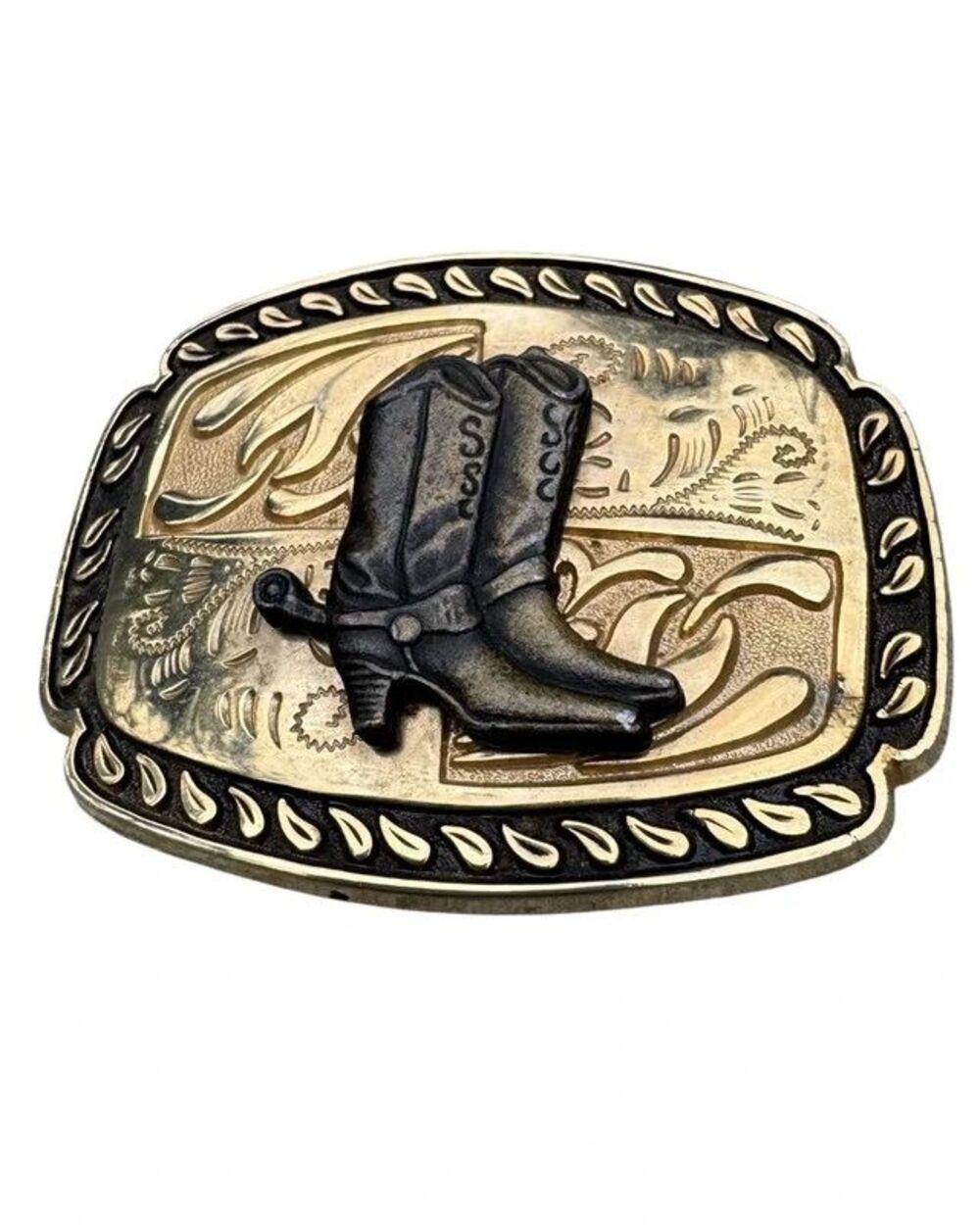 Western Cowgirl Cowboy Belt Buckle Boots Spurs Engraved Scrollwork Rodeo Ranch
